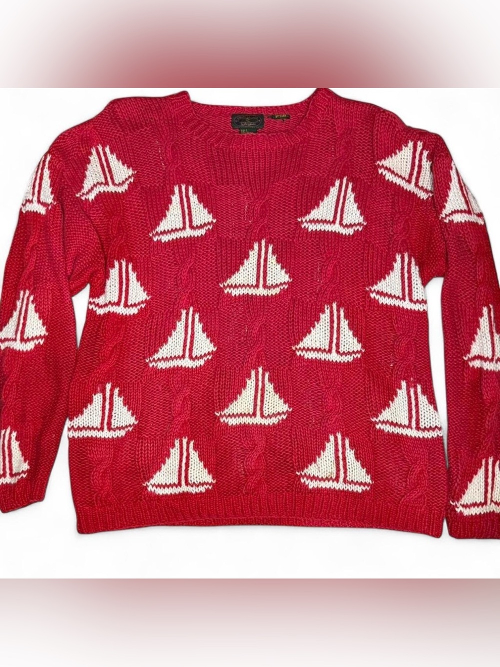 Vintage Charter Club Sailboat Sweater Small Hand Knit Red Nautical Cable Knit